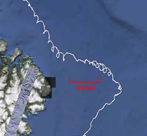 Enlarged section (1) showing the effect of powerful tides on the progress of the float around Baffin Island