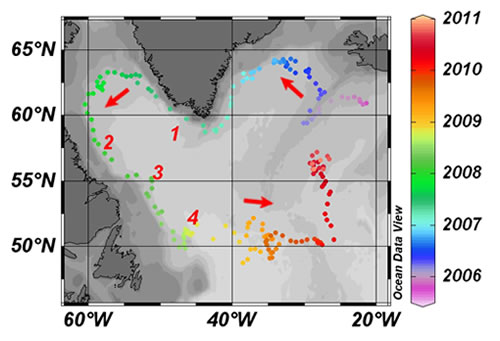 The float followed the continental shelf-edge around Greenland and Newfoundland coasts before heading east at 50°N