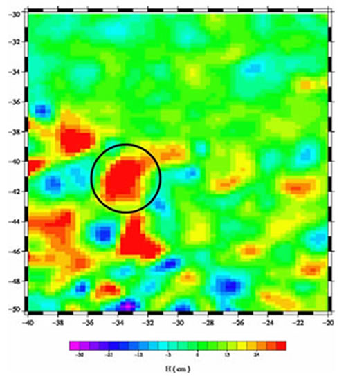 Satellite-derived sea surface height plot for mid-May 2011 showing the ~40 cm bulge generated by the positive eddy associated with float 73063