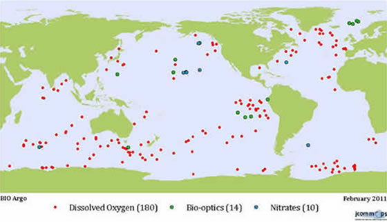 Distribution of Argo floats equipped with biochemical sensors in early 2011