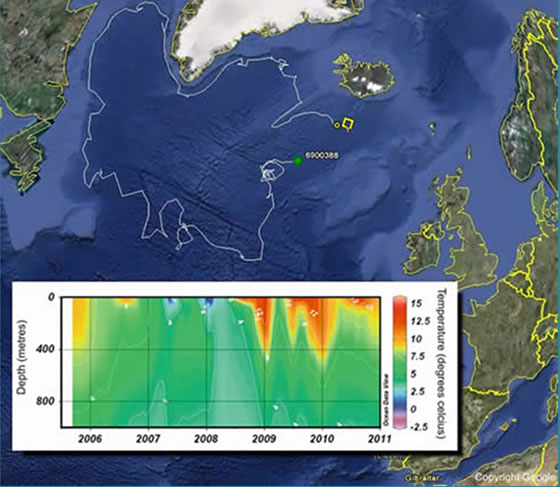 Temperature cross-section reported by a single Argo float during it's 5 year drift