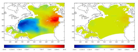 Average salinity changes (psu/1000 per day) made to the model by the data assimilation at 1,000m depth when (left) all data are assimilated and (right) all data except Argo profiles are assimilated.