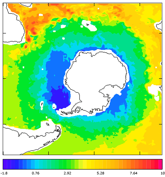 FOAM potential temperature (°C) at 995.5 m for 01 July 2004