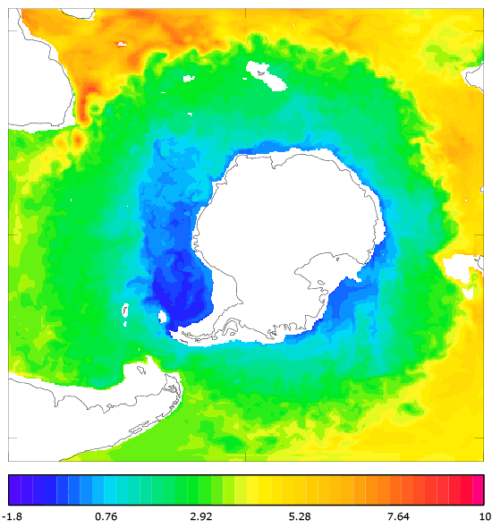 FOAM potential temperature (°C) at 995.5 m for 01 October 2004
