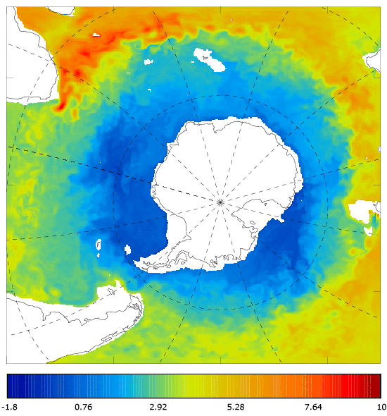 FOAM potential temperature (°C) at 995.5 m for 01 August 2006