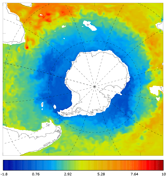 FOAM potential temperature (°C) at 995.5 m for 01 October 2006