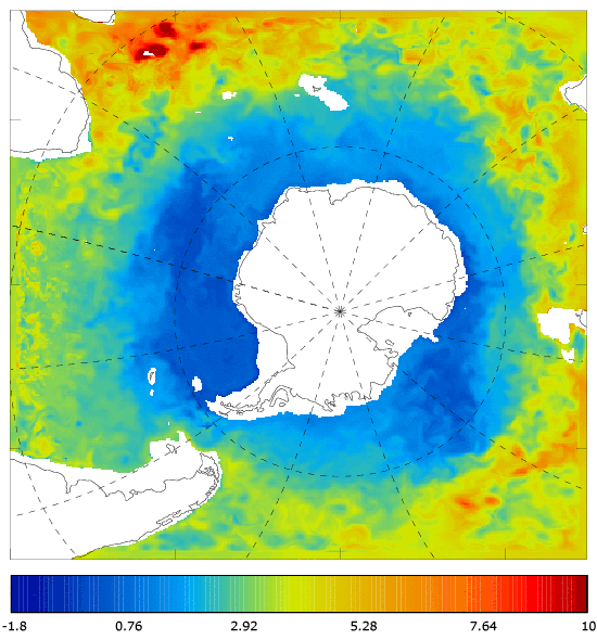 FOAM potential temperature (°C) at 995.5 m for 01 August 2007