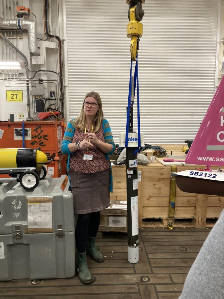  Presenting Argo floats to VIPs in SDA's hangar, with an NKE Arvor core float (credit: Katie O'Boyle, Met Office)